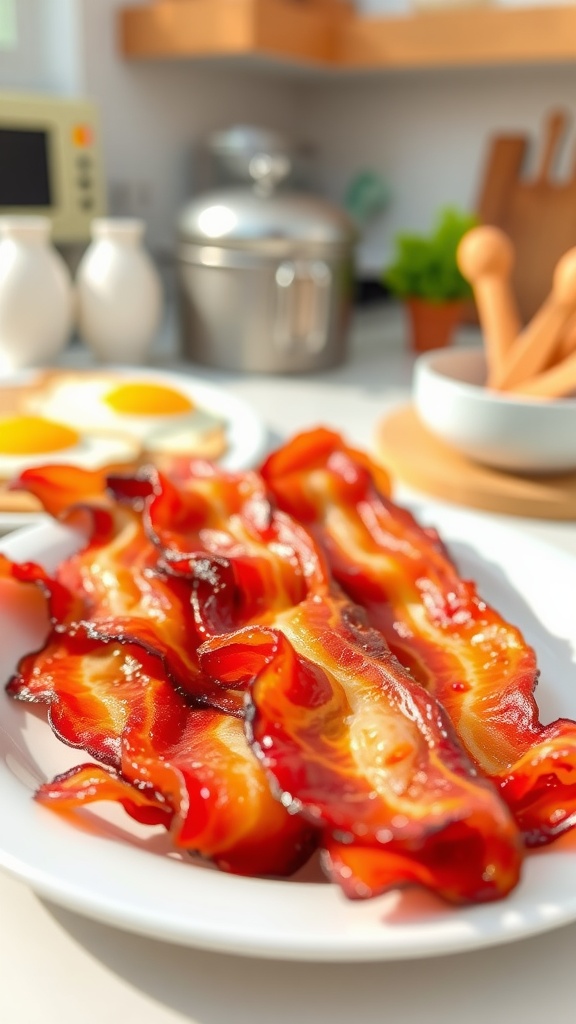 A plate of crispy air fryer bacon strips, served on a sunny kitchen table.